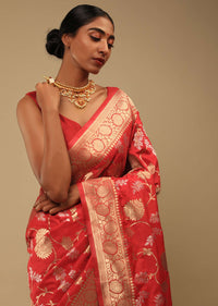 Bright Red Saree In Art Handloom Silk With Two Toned Woven Floral Jaal, Geometric Motifs On The Pallu And Unstitched Blouse