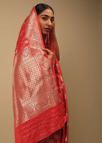 Bright Red Saree In Art Handloom Silk With Two Toned Woven Floral Jaal, Geometric Motifs On The Pallu And Unstitched Blouse