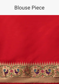 Bright Red Saree In Art Handloom Silk With Woven Geometric Buttis, Peacock Motifs On The Border And Unstitched Blouse