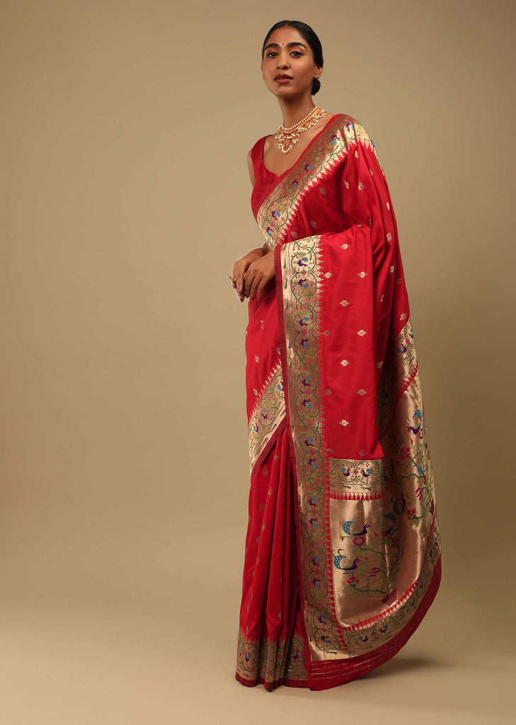 Bright Red Saree In Art Handloom Silk With Woven Geometric Buttis, Peacock Motifs On The Border And Unstitched Blouse