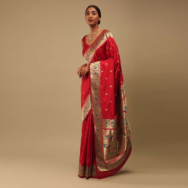 Bright Red Saree In Art Handloom Silk With Woven Geometric Buttis, Peacock Motifs On The Border And Unstitched Blouse