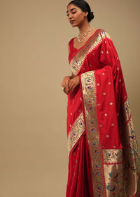 Bright Red Saree In Art Handloom Silk With Woven Geometric Buttis, Peacock Motifs On The Border And Unstitched Blouse