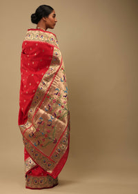 Bright Red Saree In Art Handloom Silk With Woven Geometric Buttis, Peacock Motifs On The Border And Unstitched Blouse