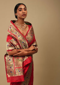 Bright Red Saree In Art Handloom Silk With Woven Geometric Buttis, Peacock Motifs On The Border And Unstitched Blouse