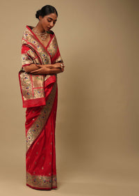 Bright Red Saree In Art Handloom Silk With Woven Geometric Buttis, Peacock Motifs On The Border And Unstitched Blouse