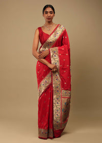 Bright Red Saree In Art Handloom Silk With Woven Geometric Buttis, Peacock Motifs On The Border And Unstitched Blouse