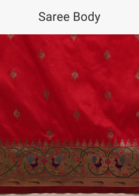 Bright Red Saree In Art Handloom Silk With Woven Geometric Buttis, Peacock Motifs On The Border And Unstitched Blouse