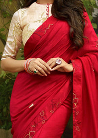 Bright Red Saree in Silk Embellished In Resham And Kundan Embroidery Online - Kalki Fashion