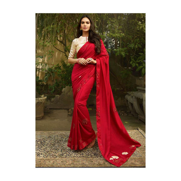 Bright Red Saree in Silk Embellished In Resham And Kundan Embroidery Online - Kalki Fashion