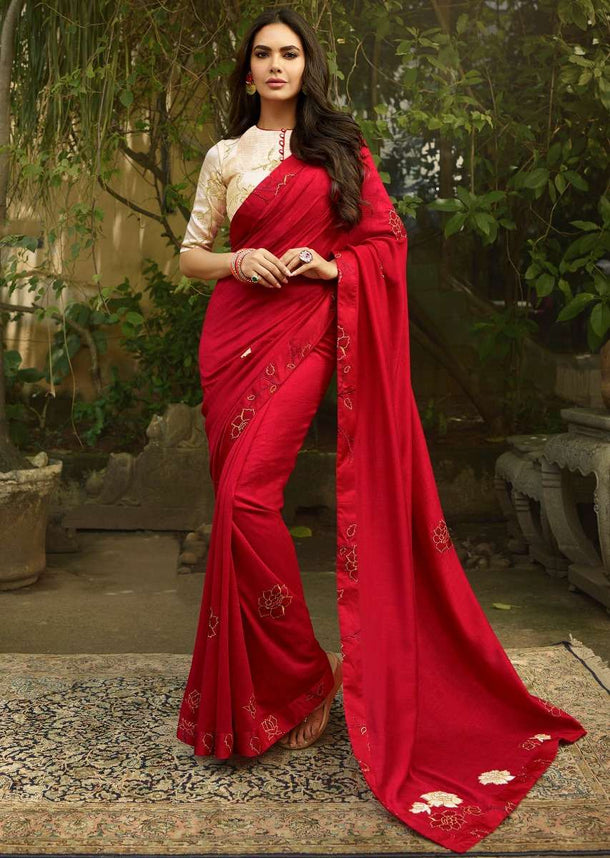 Bright Red Saree in Silk Embellished In Resham And Kundan Embroidery Online - Kalki Fashion