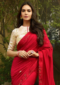 Bright Red Saree in Silk Embellished In Resham And Kundan Embroidery Online - Kalki Fashion