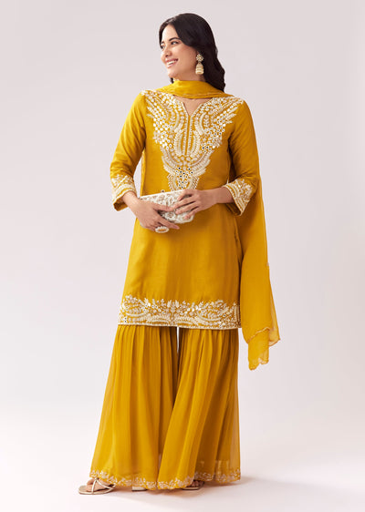Bright Yellow Sharara Set With Mirror Work