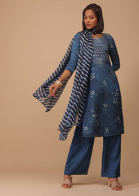 Cobalt Blue Bandhani Printed Cotton Palazzo Suit With Embroidery