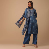 Cobalt Blue Bandhani Printed Cotton Palazzo Suit With Embroidery