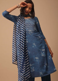 Cobalt Blue Bandhani Printed Cotton Palazzo Suit With Embroidery