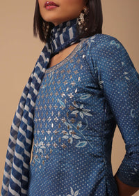 Cobalt Blue Bandhani Printed Cotton Palazzo Suit With Embroidery