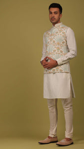 Pearl White Art Silk Bandi Jacket Set In Threadwork