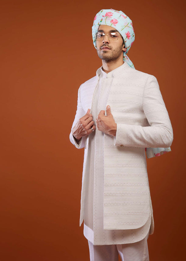 Daisy White Embroidered Sherwani Set In Suiting Fabric