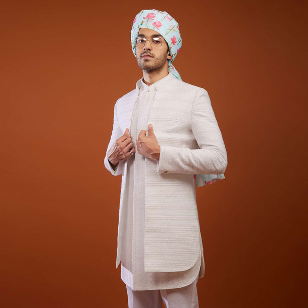 Daisy White Embroidered Sherwani Set In Suiting Fabric