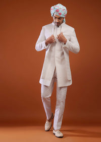 Daisy White Embroidered Sherwani Set In Suiting Fabric