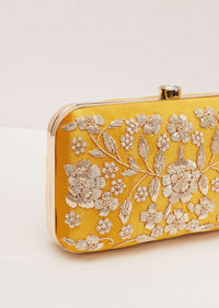 Marigold Yellow Floral Clutch On Silk Fabric