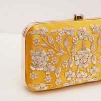 Marigold Yellow Floral Clutch On Silk Fabric