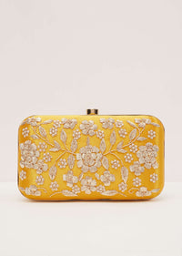 Marigold Yellow Floral Clutch On Silk Fabric