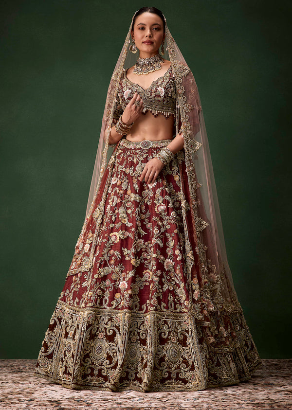 Brown Bridal Cutdana Embellished Silk Lehenga Set with Two Dupattas