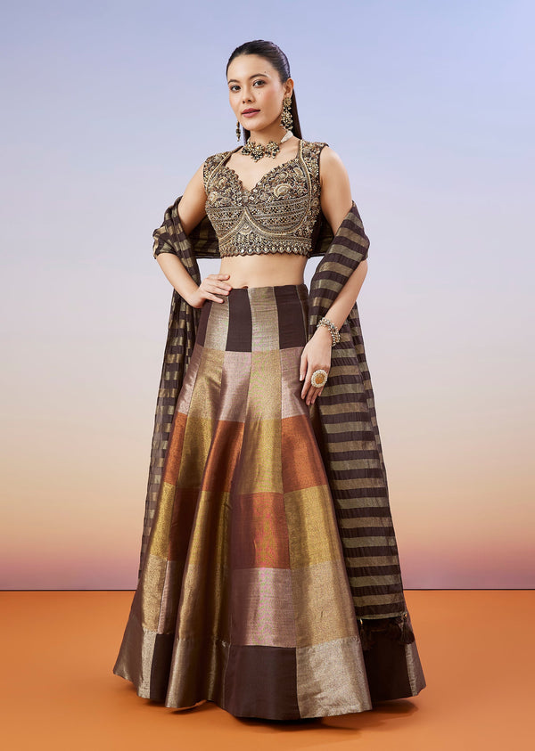 Brown Colourblocked Lehenga With Zardosi Choli