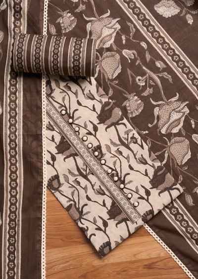 Brown Cotton Printed Unstitched Suit Set