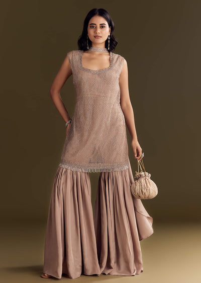 Brown Crepe Kurta Sharara With Choker Style Net Dupatta