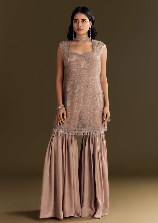 Brown Crepe Kurta Sharara With Choker Style Net Dupatta