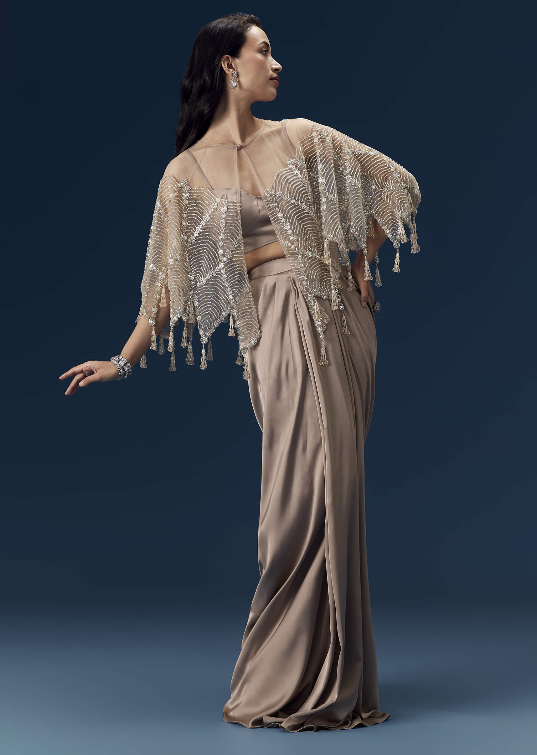Brown Satin Crop Top And Drape Skirt With Embellished Net Cape