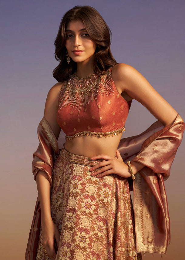 Brown Embroidered Blouse With Double Circular Lehenga And Tasseled Dupatta