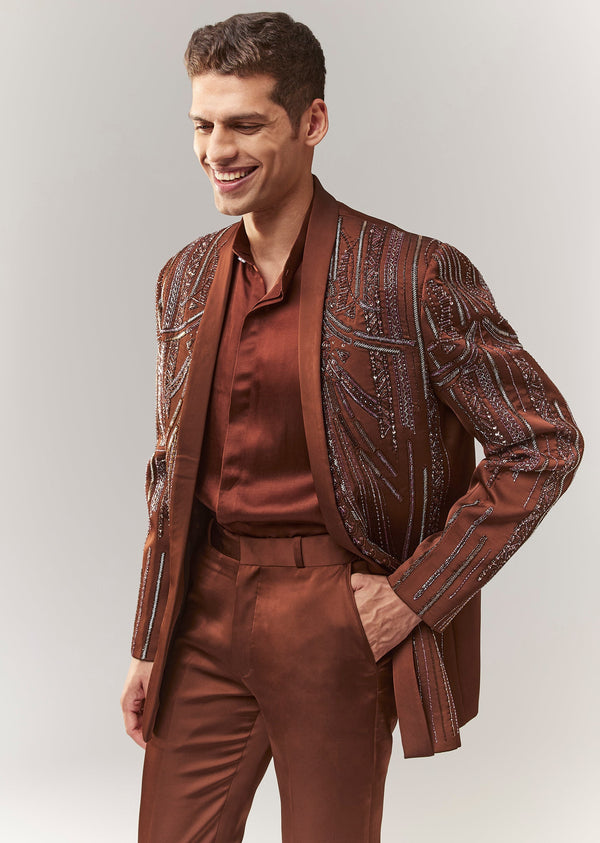 Brown Hand Embroidered Blazer Set With Waistcoat