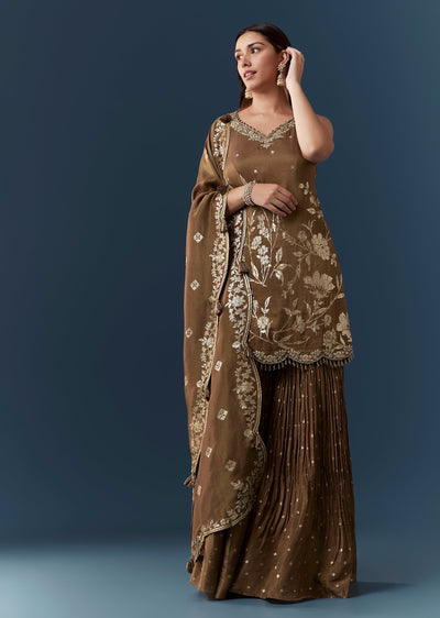 Brown Jacquard Weave Kurta Sharara Set