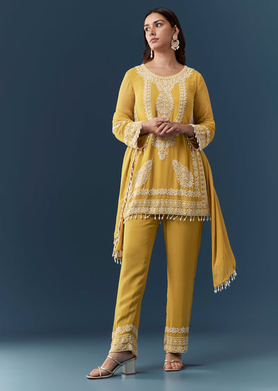 Brown Moti Embroidered Kurta Pant Set