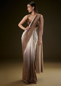 Brown Ombre Sequence Ready To Wear Saree With Velvet Blouse