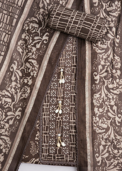 Brown Printed Cotton Unstitched Suit Set With Dupatta