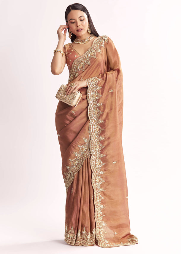 Brown Rust Crush Tissue Saree With Gota Zari And Beads Embroidery