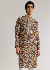 Brown Silk Mirron Threadwork Kurta Set With Dupatta