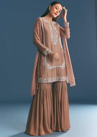Brown Silk Sequin Cutdana Kurta Sharara With Dupatta