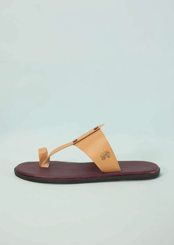 Dark Brown And Beige White Strappy Slides For Men In Leather With Buttons