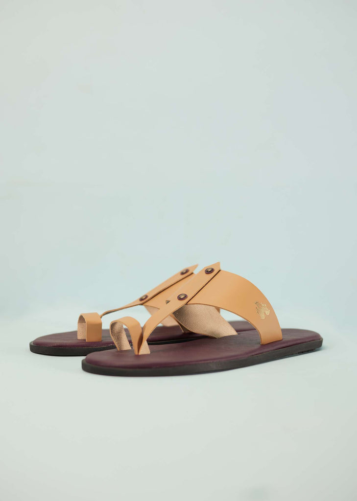 Dark Brown And Beige White Strappy Slides For Men In Leather With Buttons