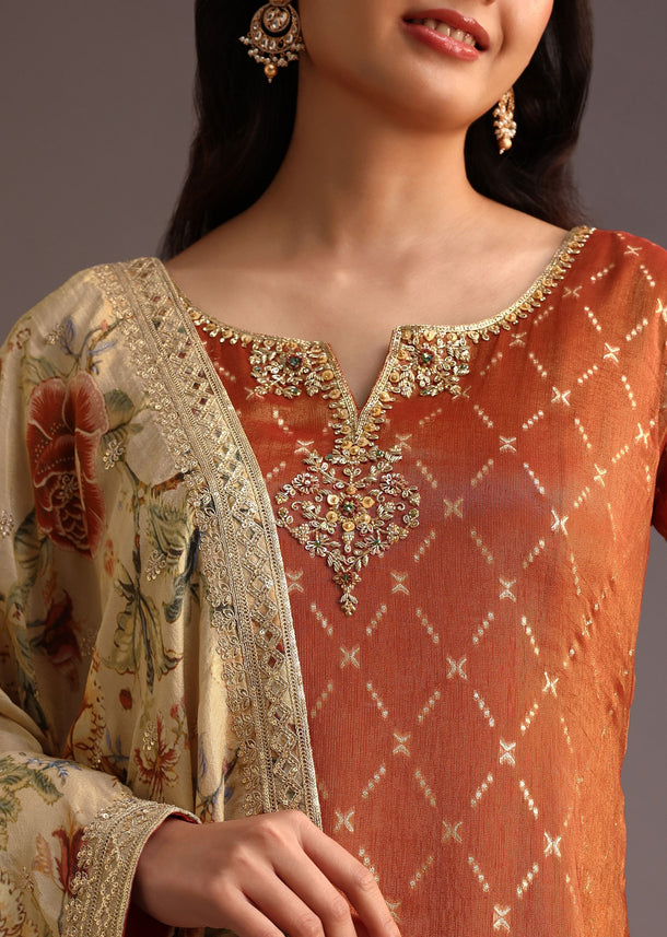 Brown And Gold Embroidered Palazzo Suit With Dupatta