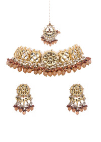 Brown And Gold Kundan Short Necklace Set With Stones