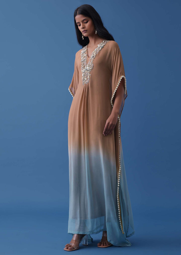 Brown And Powder Blue Ombre Kaftan In Georgette With Exquisite Embroidery