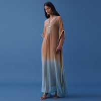 Brown And Powder Blue Ombre Kaftan In Georgette With Exquisite Embroidery