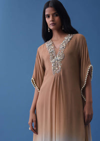 Brown And Powder Blue Ombre Kaftan In Georgette With Exquisite Embroidery