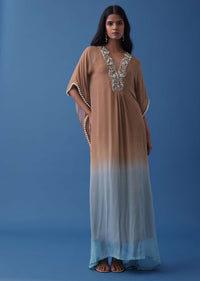 Brown And Powder Blue Ombre Kaftan In Georgette With Exquisite Embroidery